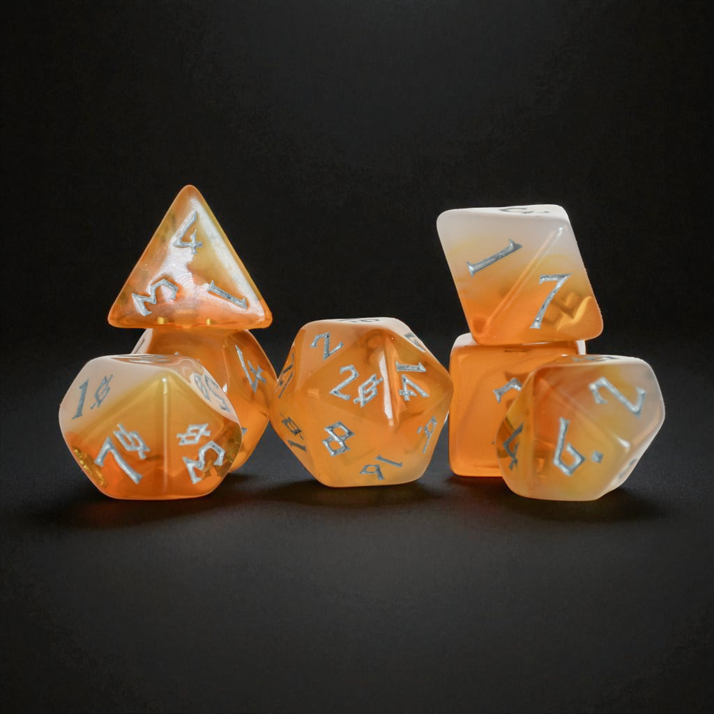 tavern ale inspired white and orange ombre acrylic dice set with silver numbering for tabletop gaming