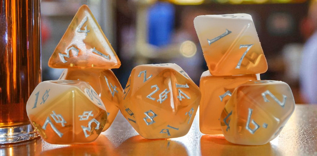 tavern ale inspired white and orange ombre acrylic dice set with silver numbering for tabletop gaming