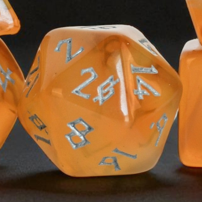 tavern ale inspired white and orange ombre acrylic dice set with silver numbering for tabletop gaming