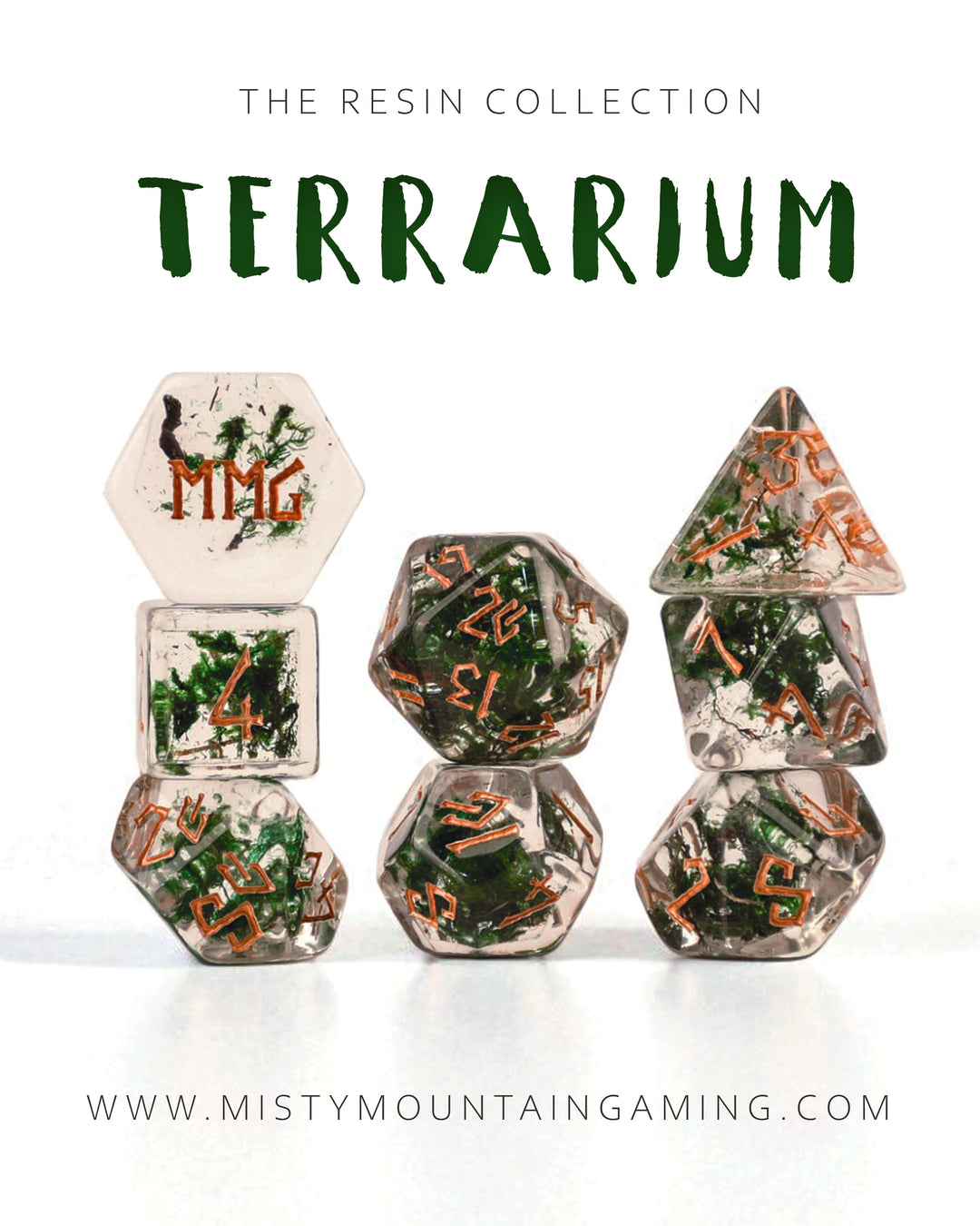 Resin dnd dice with greenery and numbers on a white background, featuring the brand &