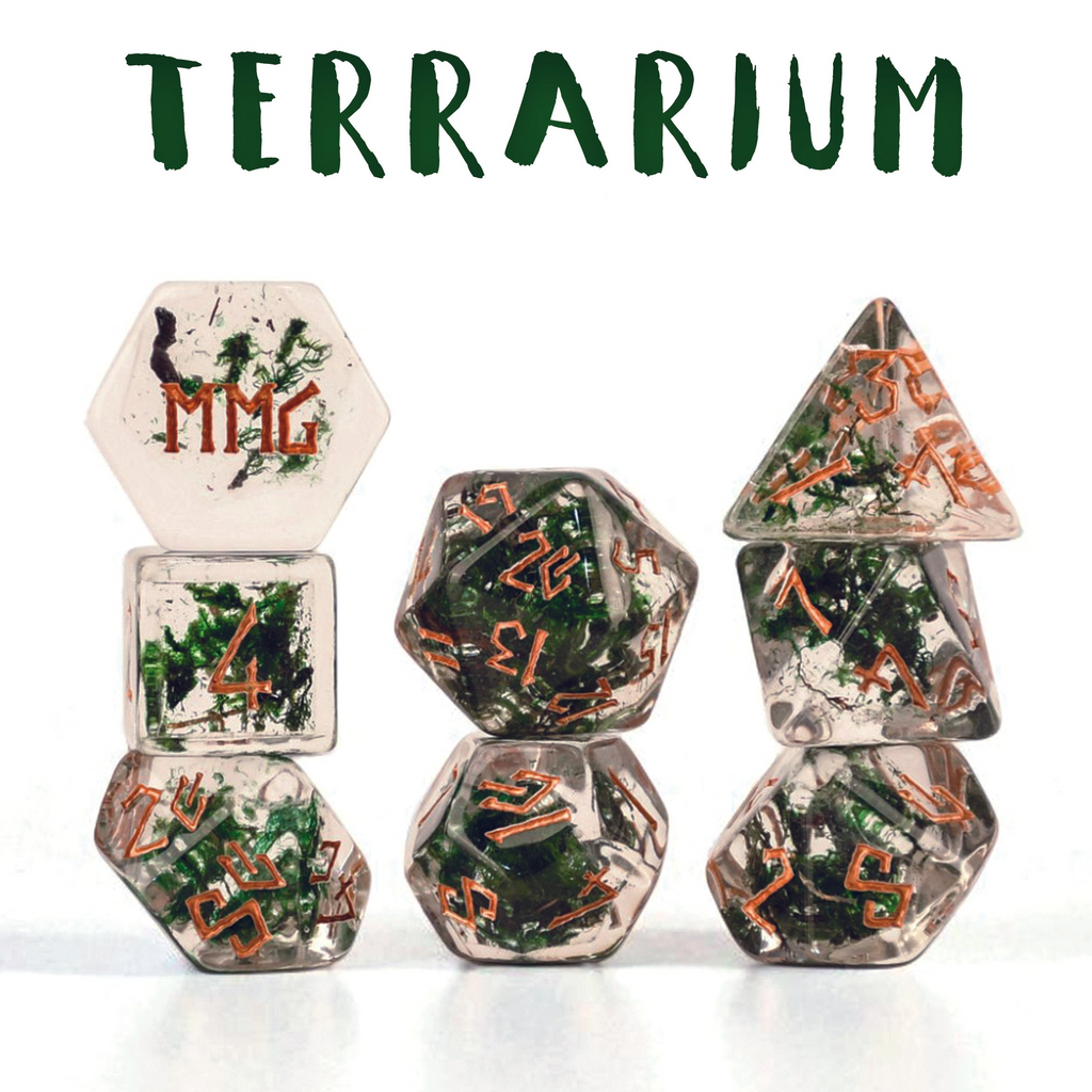 Set of dnd resin dice with 'Terrarium' text and nature-themed design on a white background