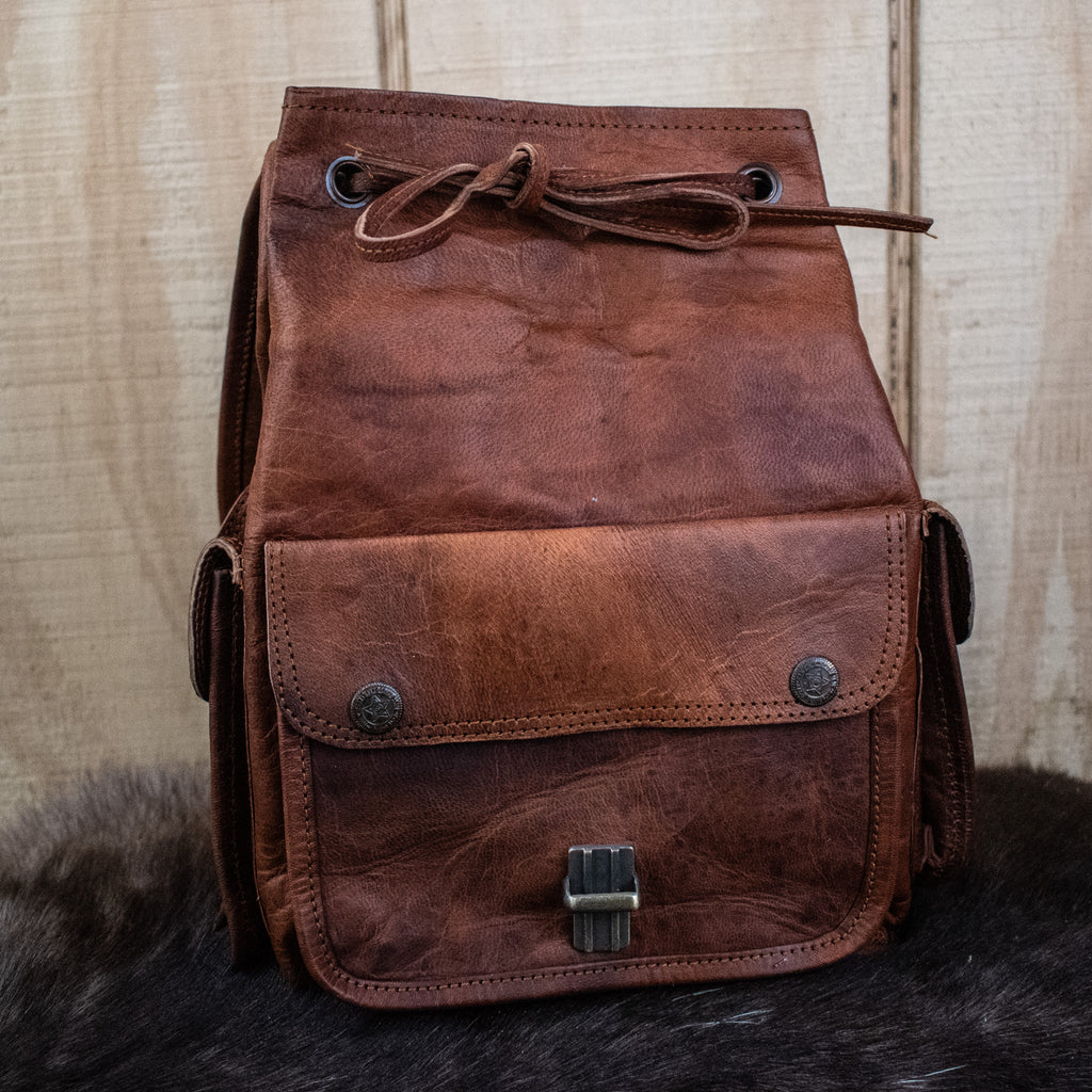 Brown leather mini tabletop gaming leather backpack