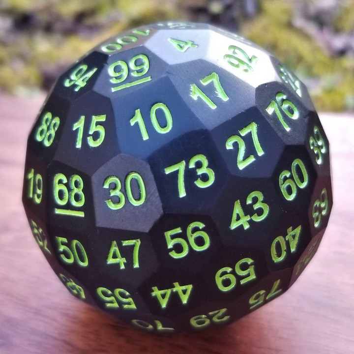 A large black metal dnd dice with neon green numbers
