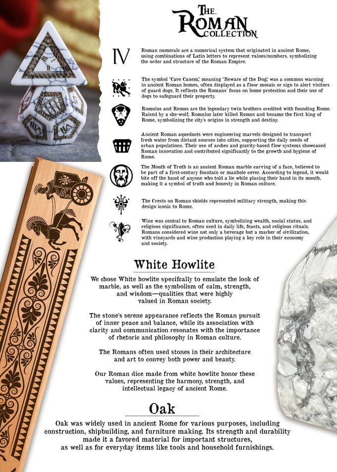 The Roman Collection Info Sheet about the dice, materials used and dnd dice vault