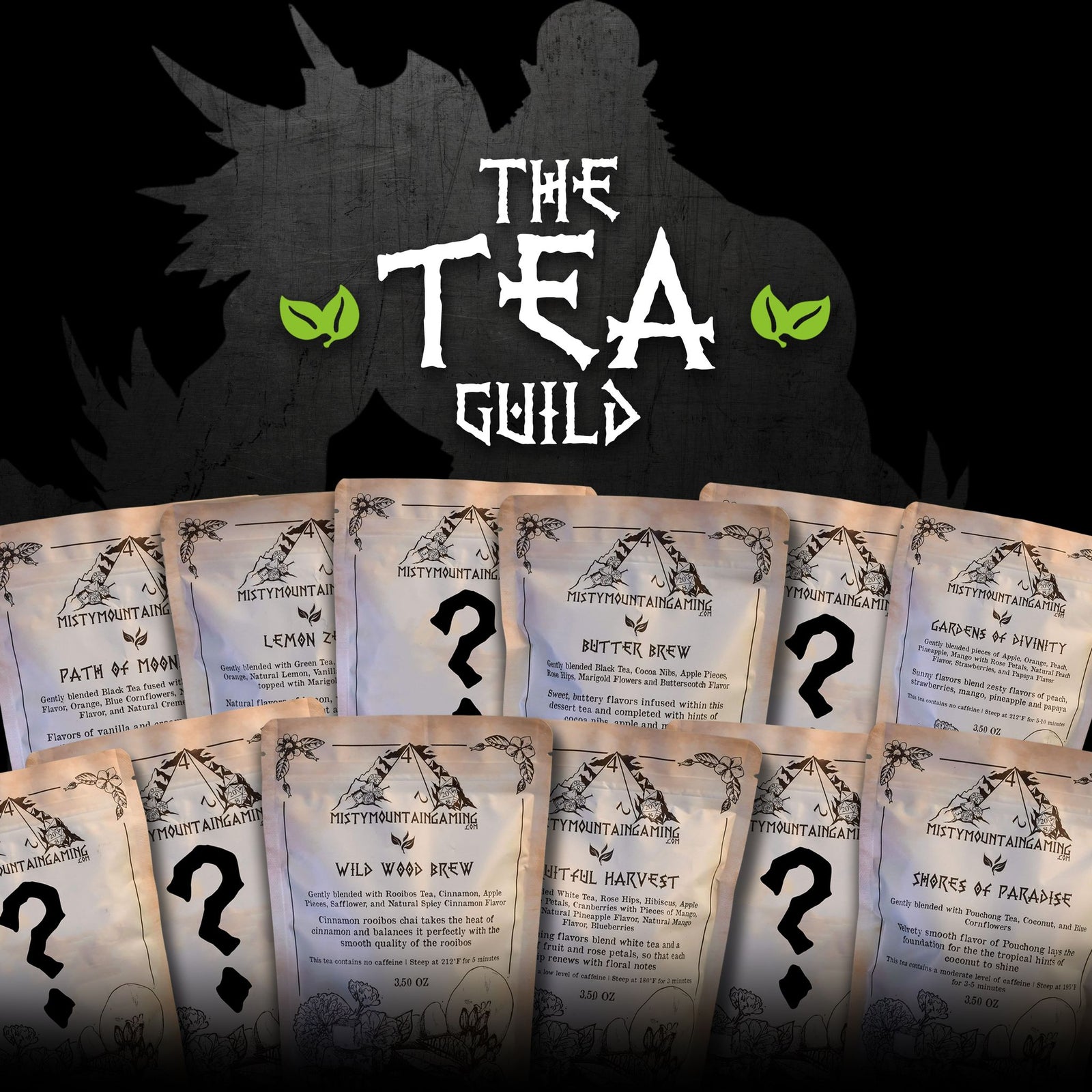 Promotional image for The Tea Guild featuring multiple bags of tea with a mystery mark design on the packaging, and the text 'THE TEA GUILD' prominently displayed at the top.