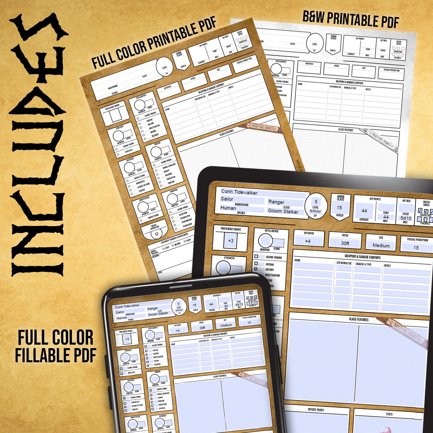 Dungeons and Dragons character sheet printable fillable pdf form art dnd d&d