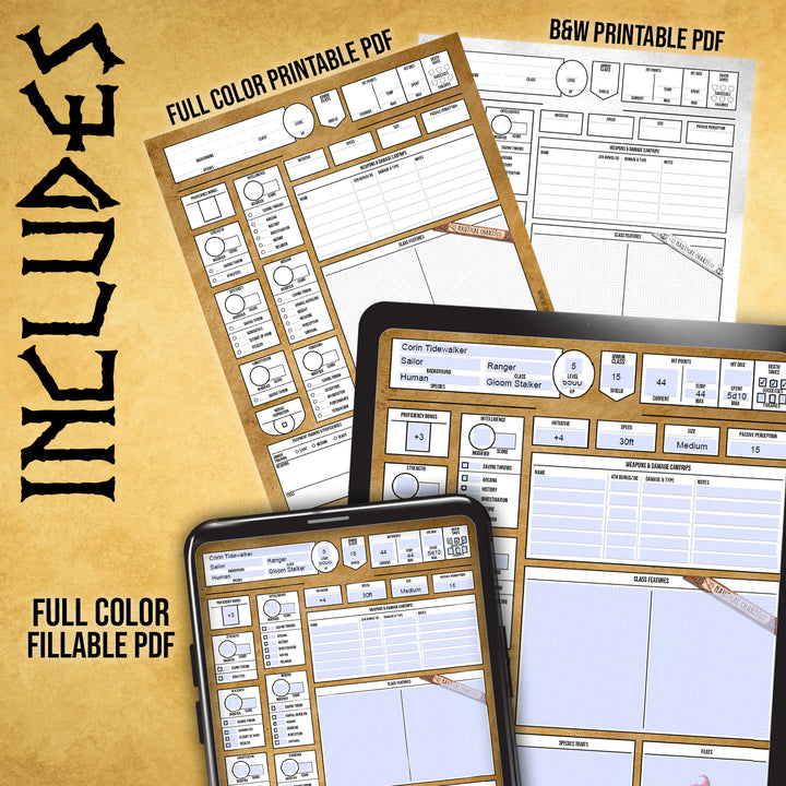 Dungeons and Dragons character sheet printable fillable pdf form art dnd d&amp;d
