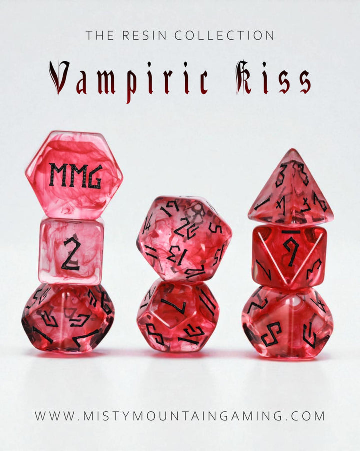 Red dice with black text on a white background, featuring the brand &