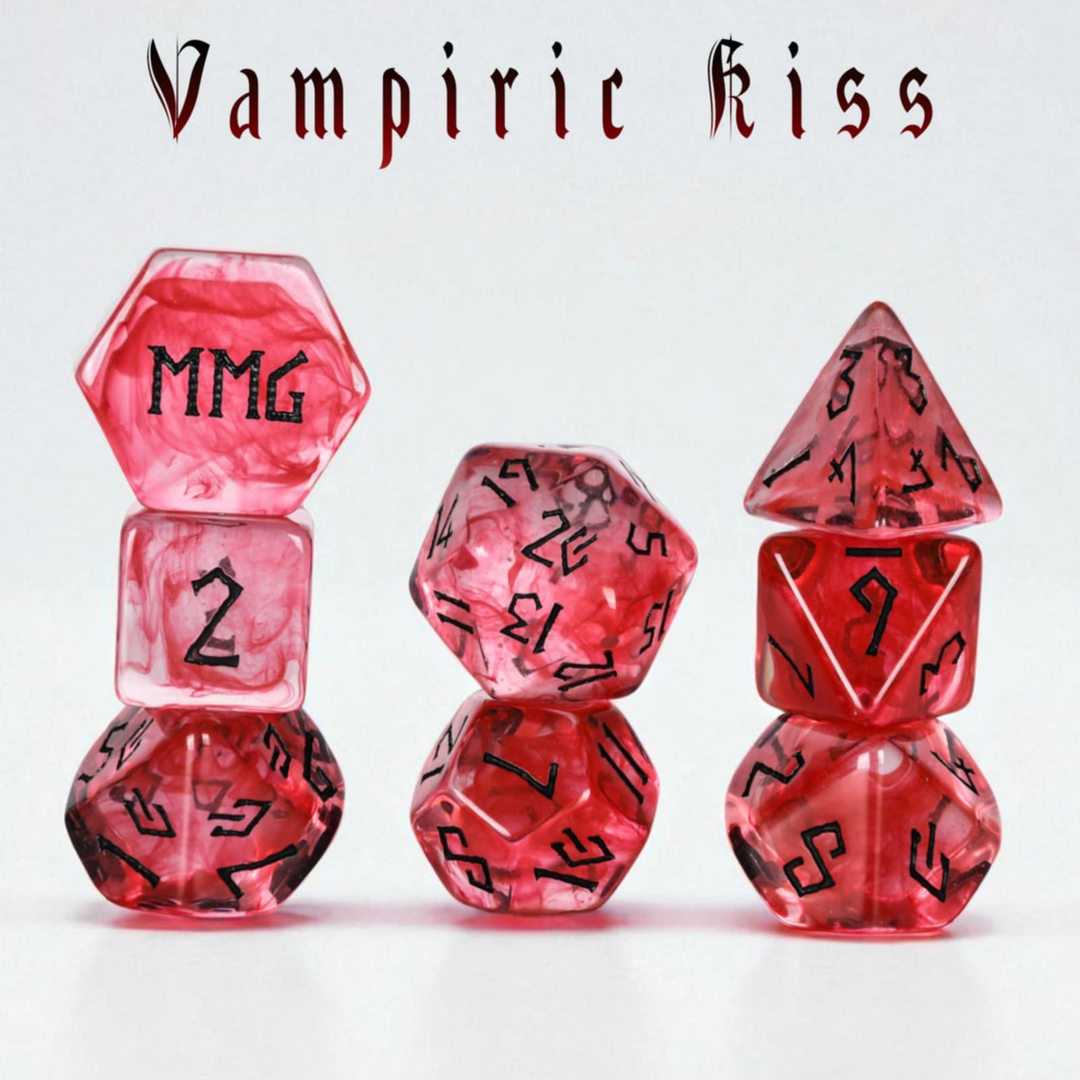 Red dice with black text on a white background, featuring the brand &