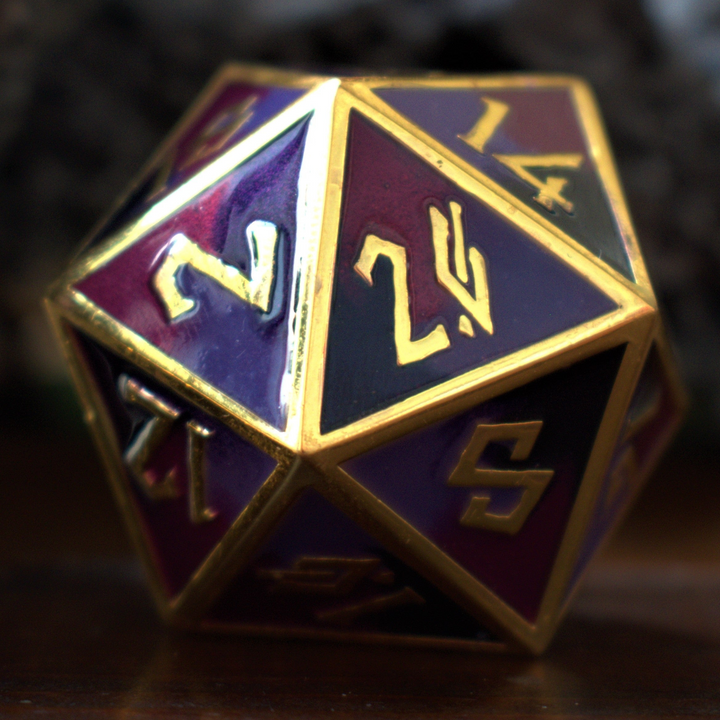 D20 polyhedral dice with gold and purple colors on a dark background