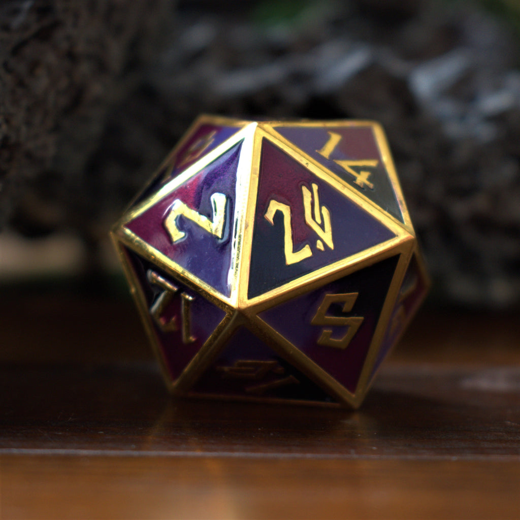 A large, metallic purple D20 dice with embossed gold numbers