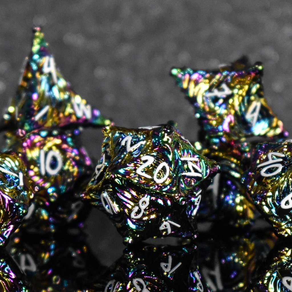 Multicolored polyhedral dice set on a dark background