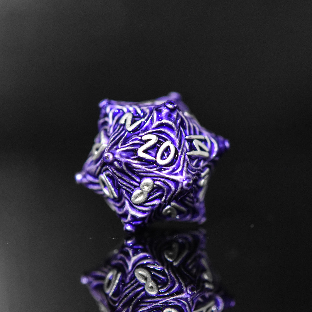 Purple metal vortex D20 featuring silver font numbers