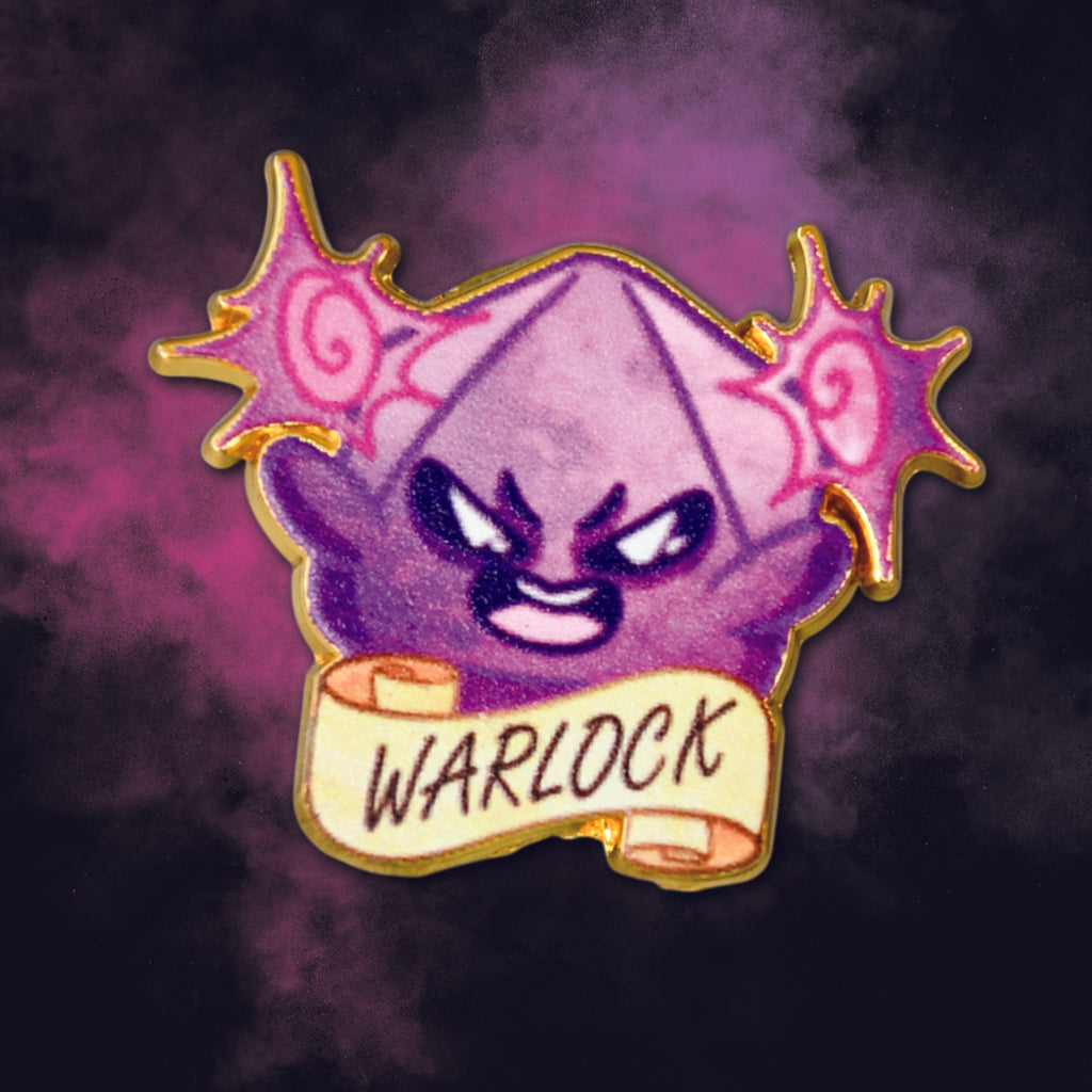 Purple d20 character pin with a banner labeled 'Warlock' on a dark background