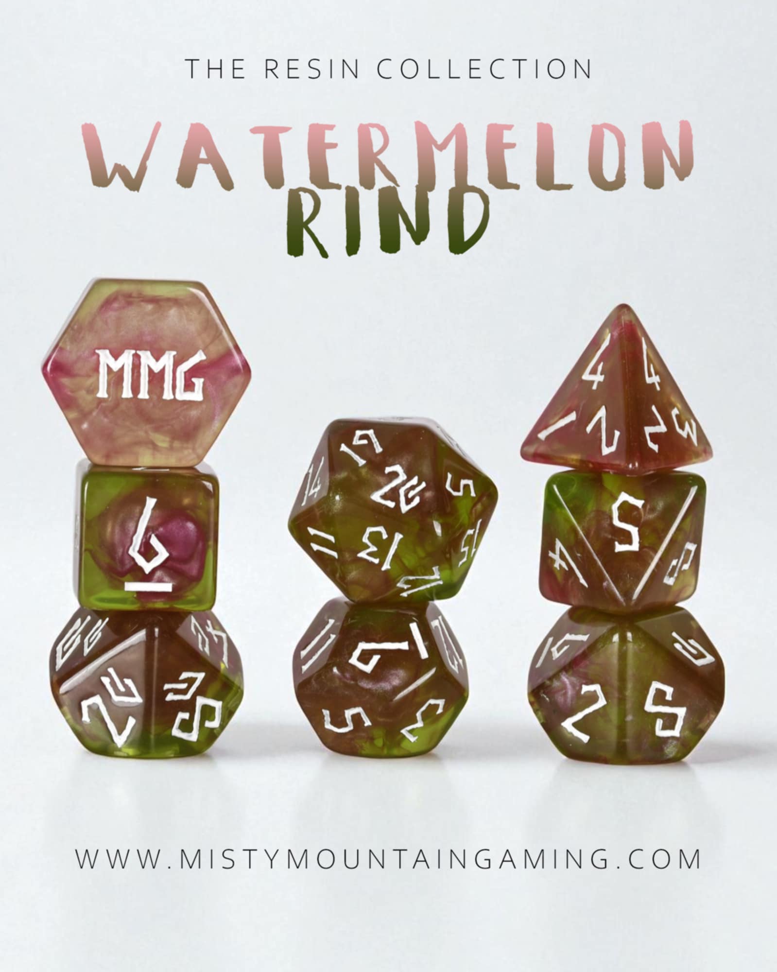 Set of polyhedral resin dice with 'Watermelon Rind' design and 'MMG' branding on a white background.