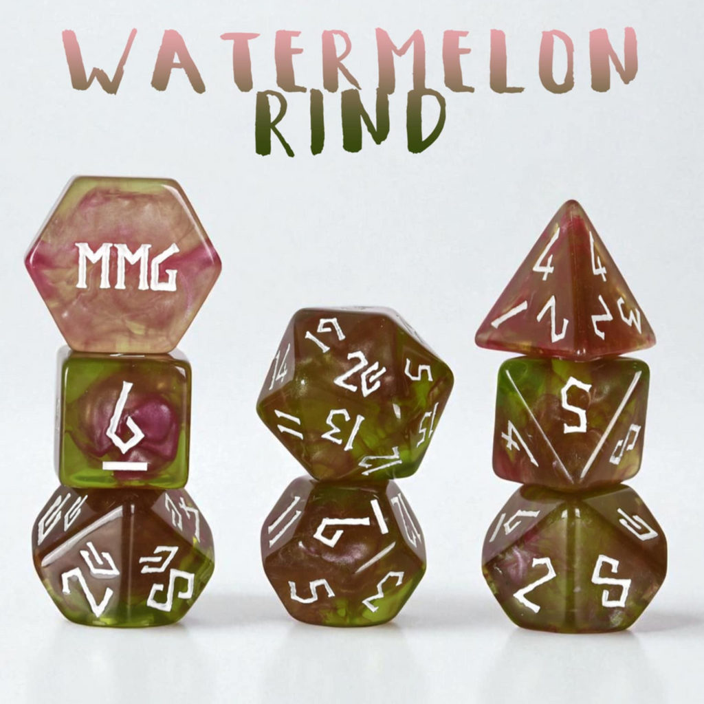 Set of polyhedral resin dice with 'Watermelon Rind' design and 'MMG' branding on a white background.