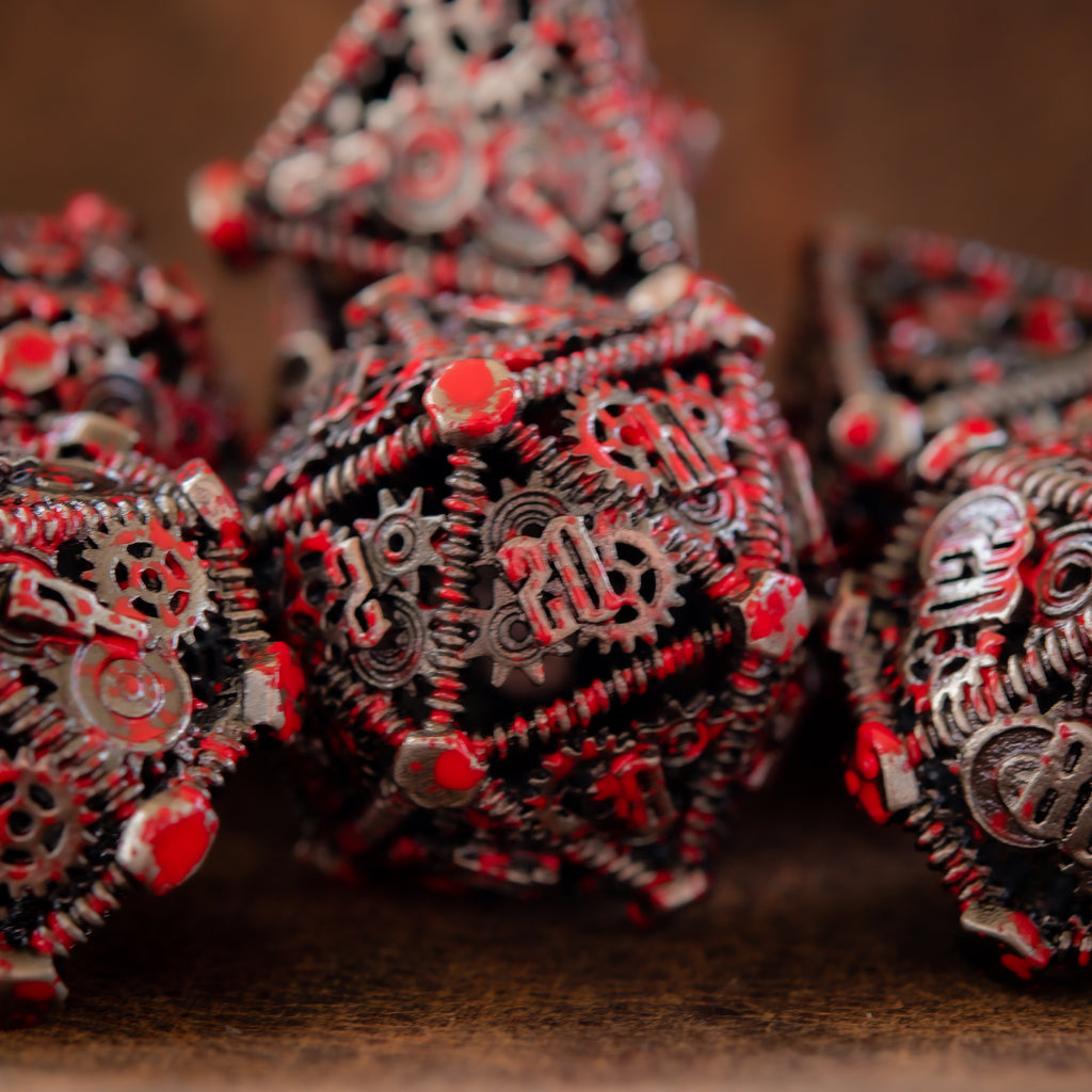 bloody splattered steampunk inspired metal hollow dice for tabletop gaming