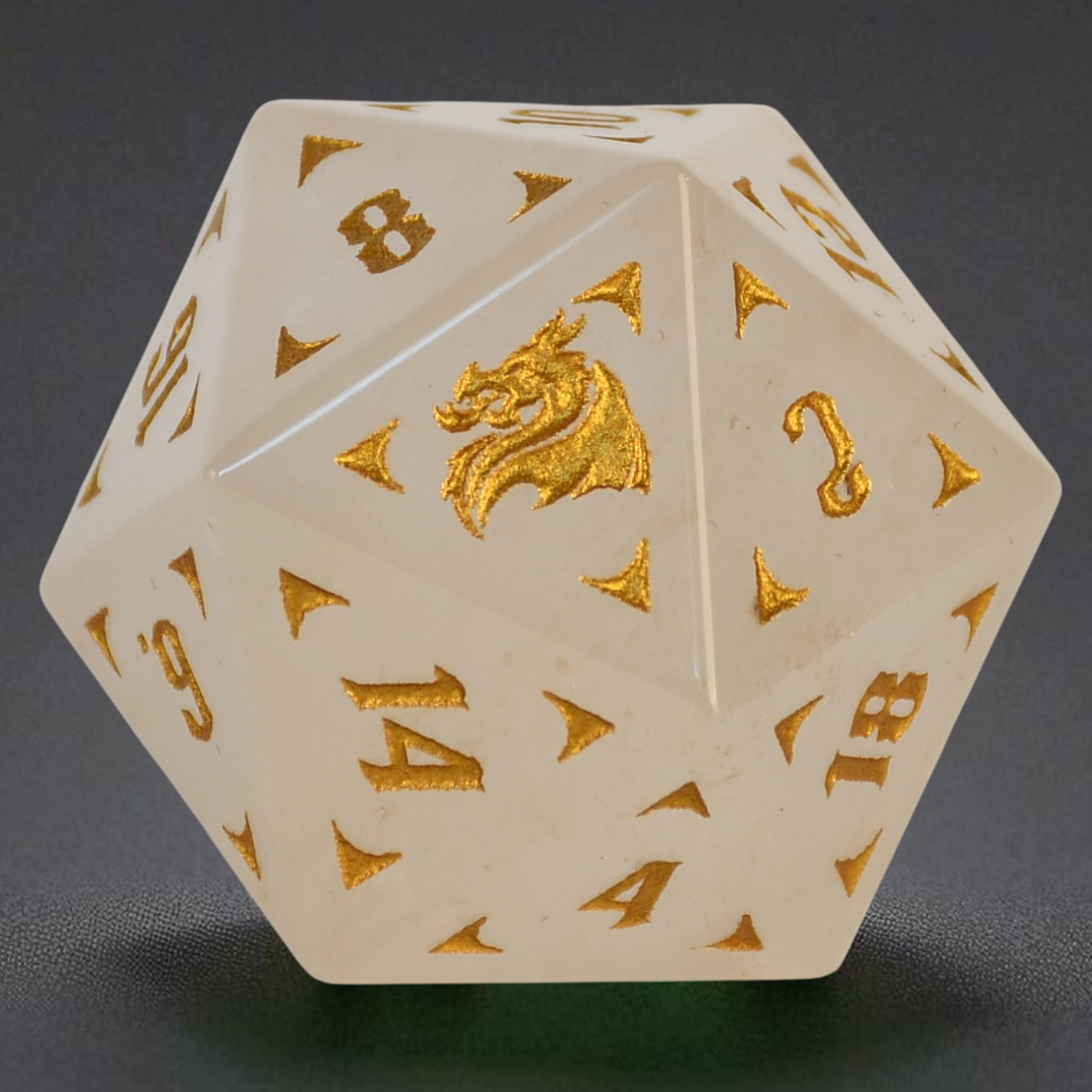 White polyhedral dice with gold numbers and symbols on a dark gray background