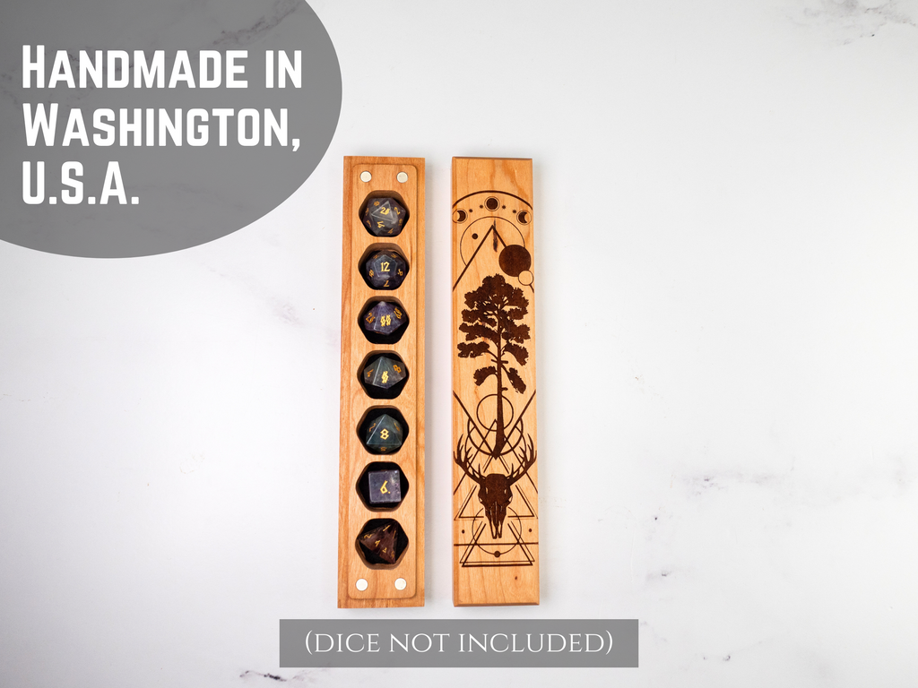 wooden dice vault stands with engraved designs on a white background, labeled 'Handmade in Washington, U.S.A.'