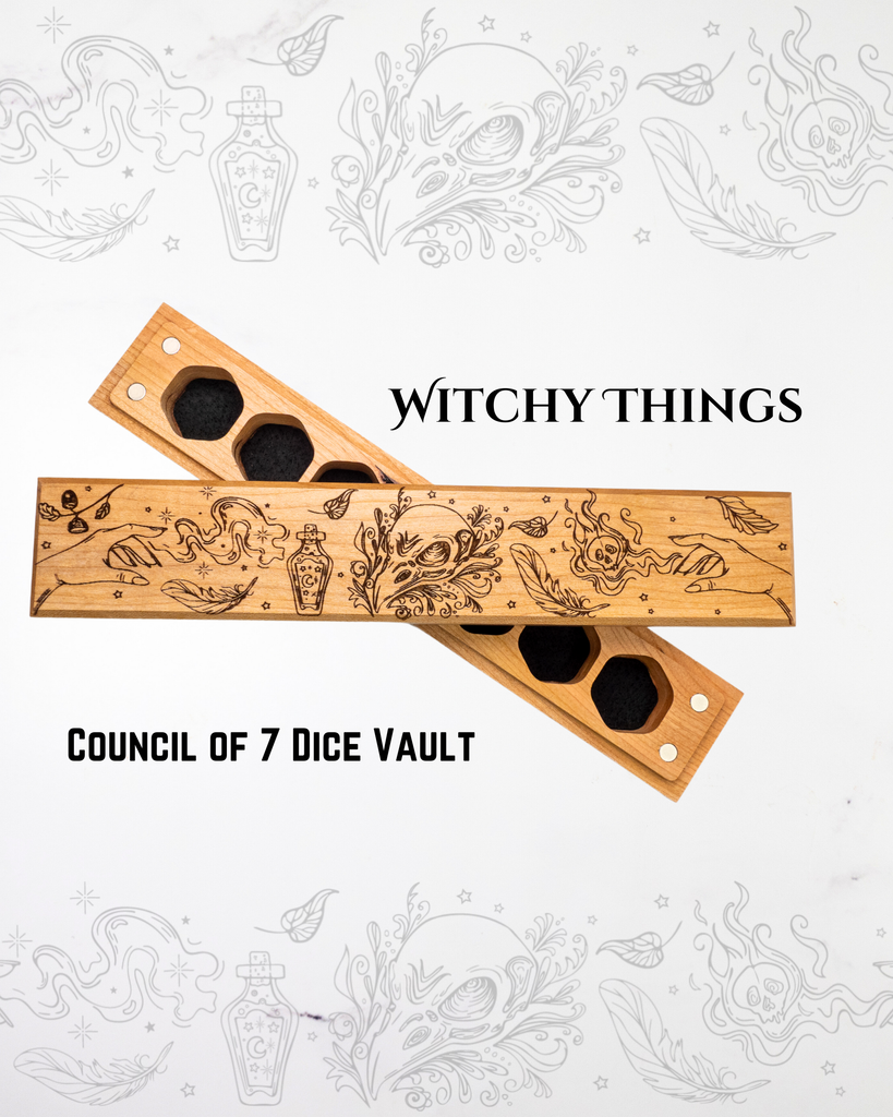 Wooden dice vault with engraved designs on a white background with decorative patterns.
