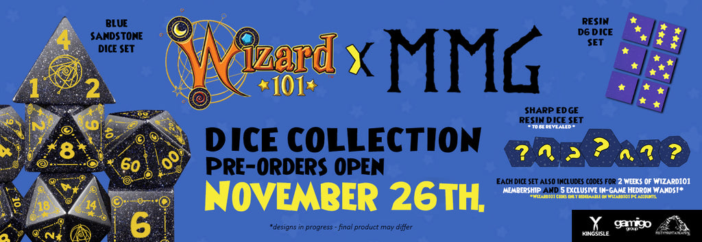 Promotional banner for a dice collection featuring Wizard 101 and MMG logos with dice sets on a blue background.