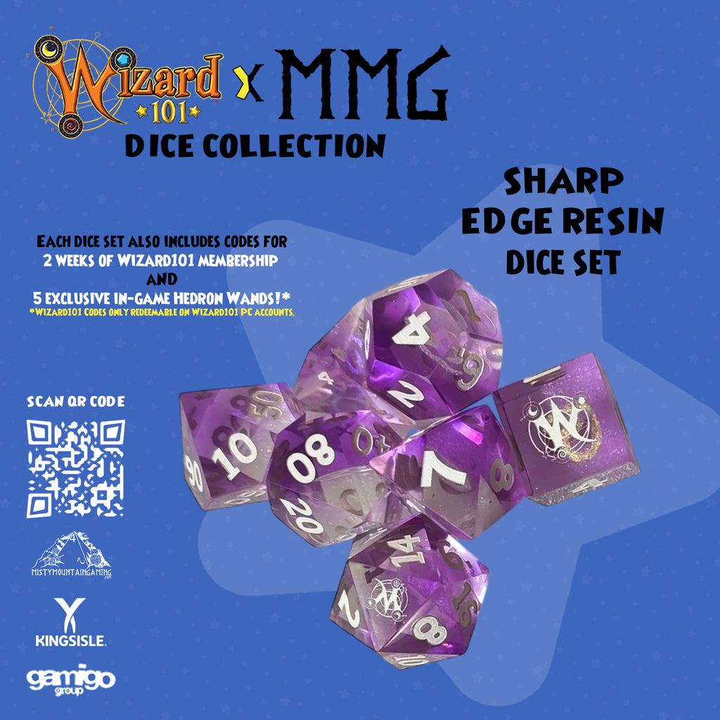Discover the Wizard101 Sharp Edge Resin Dice Set featuring an embedded Spiral, crystal-clear purple resin, in-game rewards, and MMG’s lifetime warranty.
