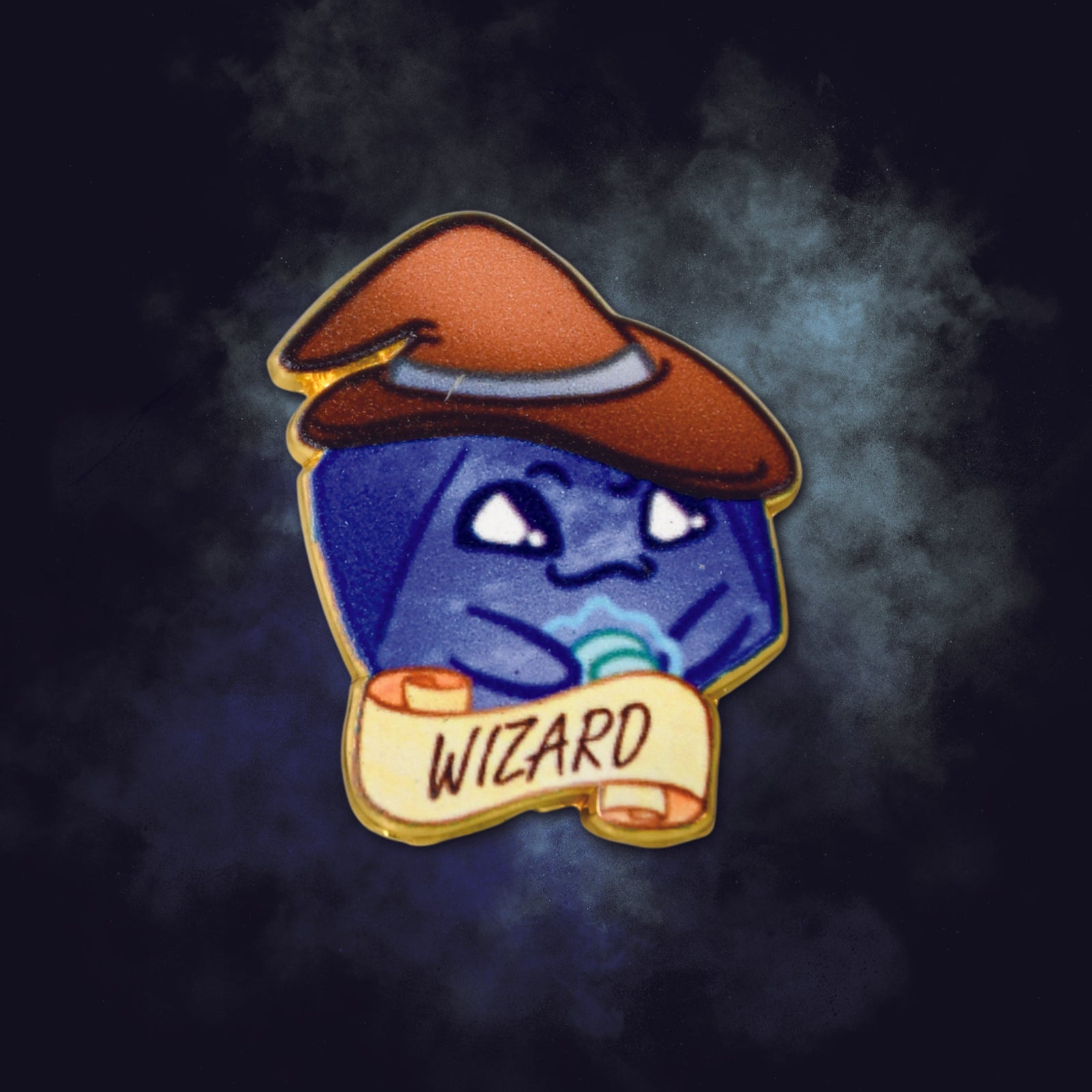 Cartoon blue d20 shaped character wearing a red wizard hat with a 'Wizard' label on a dark background