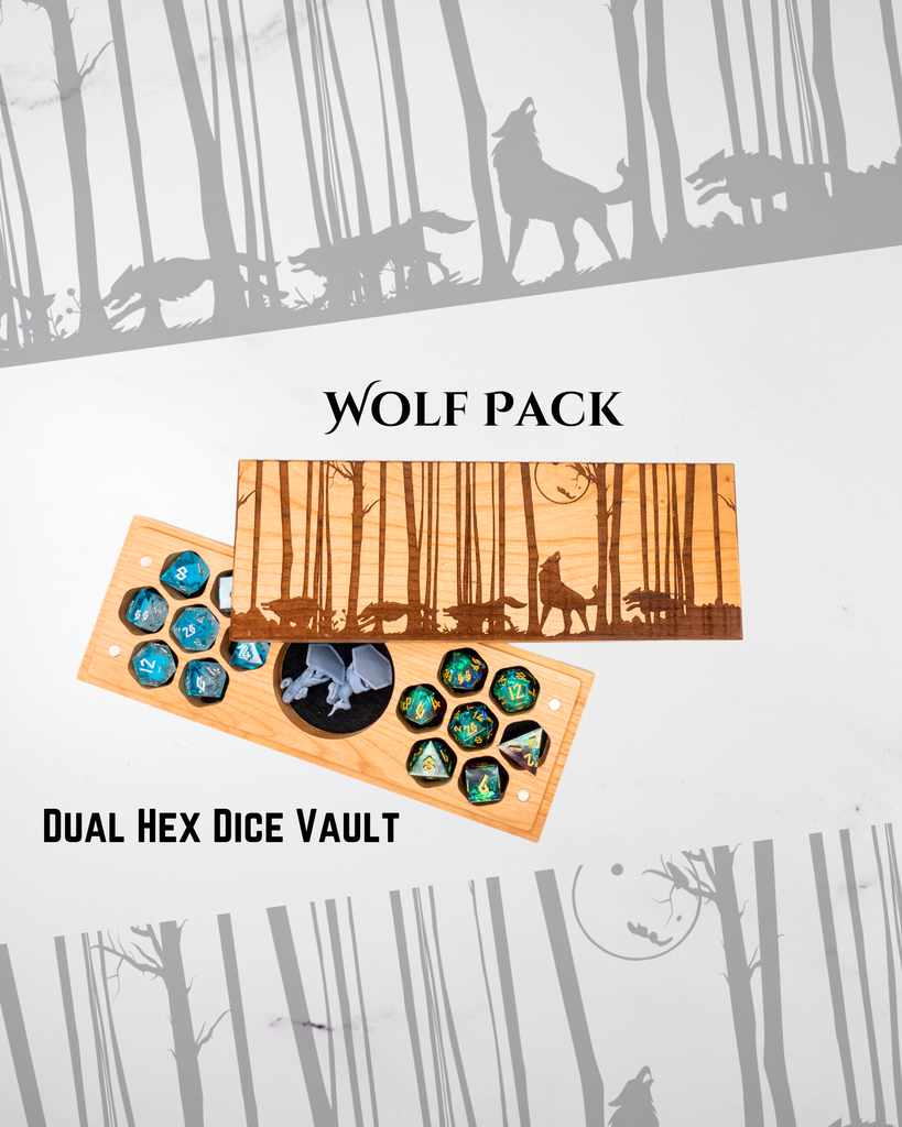 Wolf Pack Dual Hex Dice Vault with dice and wooden cover on a forest background