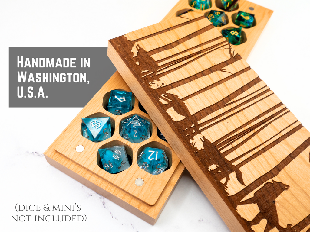 Wooden dice box with engraved design on a white background, featuring text 'Handmade in Washington, U.S.A.'