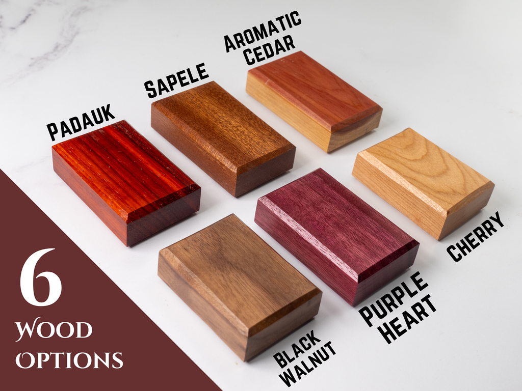 Wood samples in various colors with labels on a white background