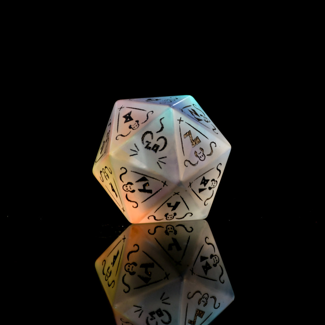 Illuminated d20 polyhedral dice with glowing effect on a black background