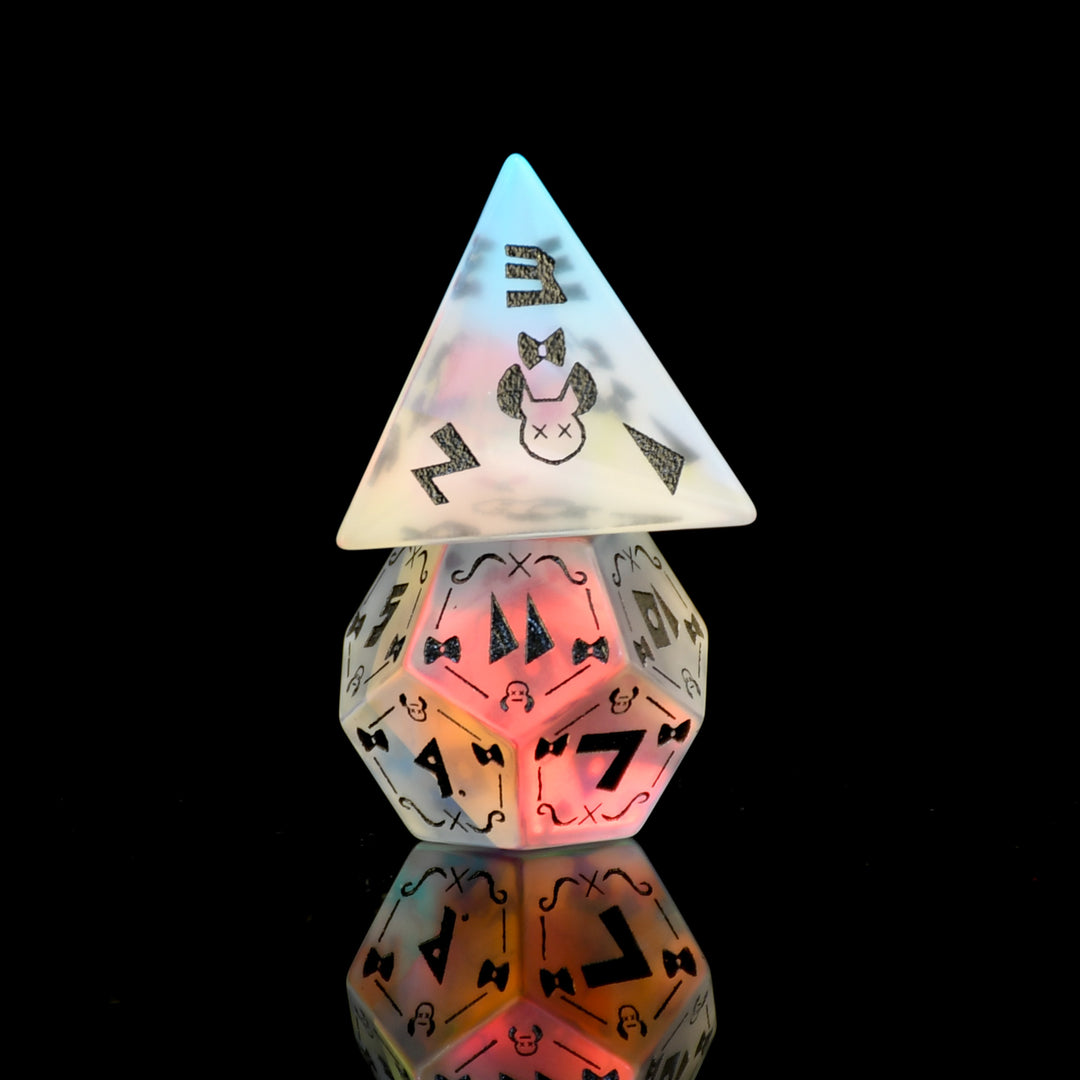 Glowing polyhedral dice with black symbols on a reflective surface against a black background