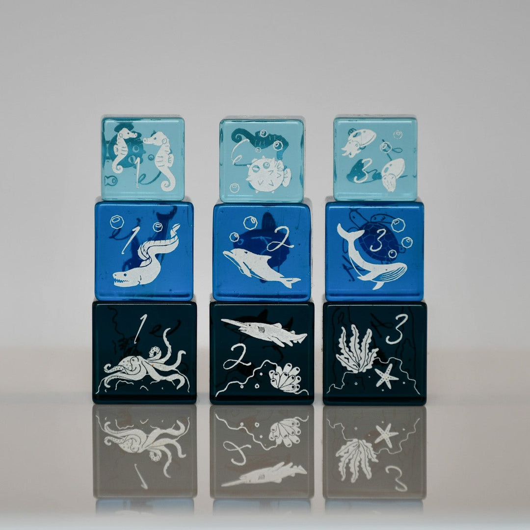 Set of colorful blocks with ocean-themed illustrations on a reflective surface.