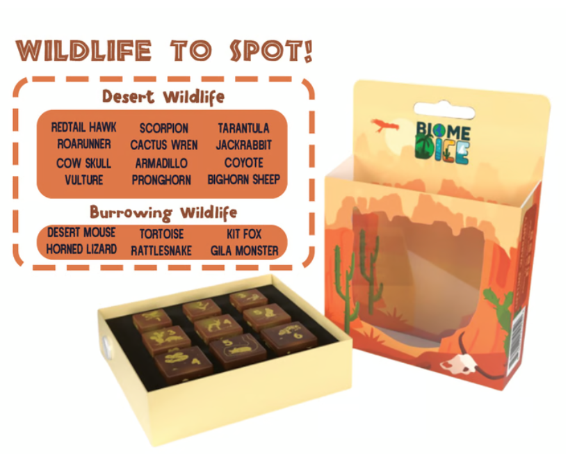 Box of dice with desert-themed wildlife labels and a dice box labeled &