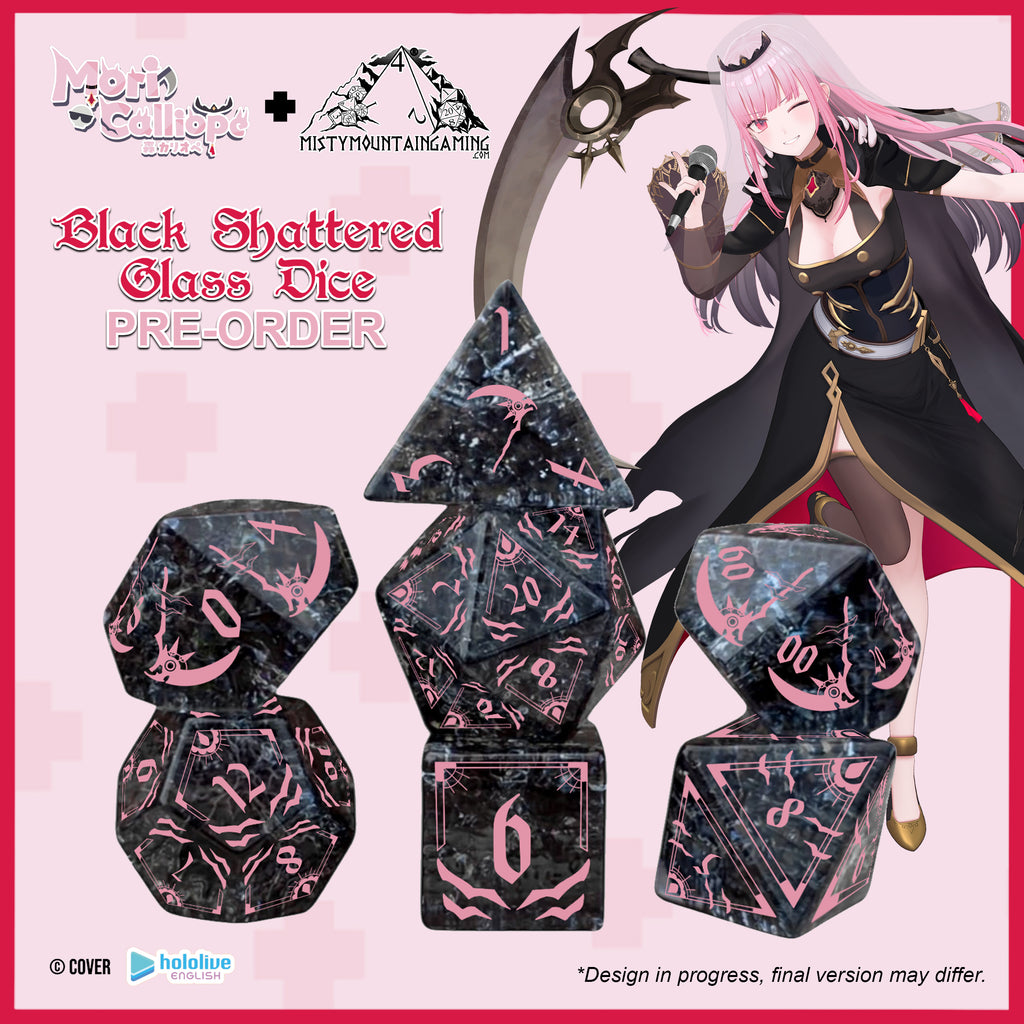 Black shattered glass dice set with mori calliope of hololive english on pink background