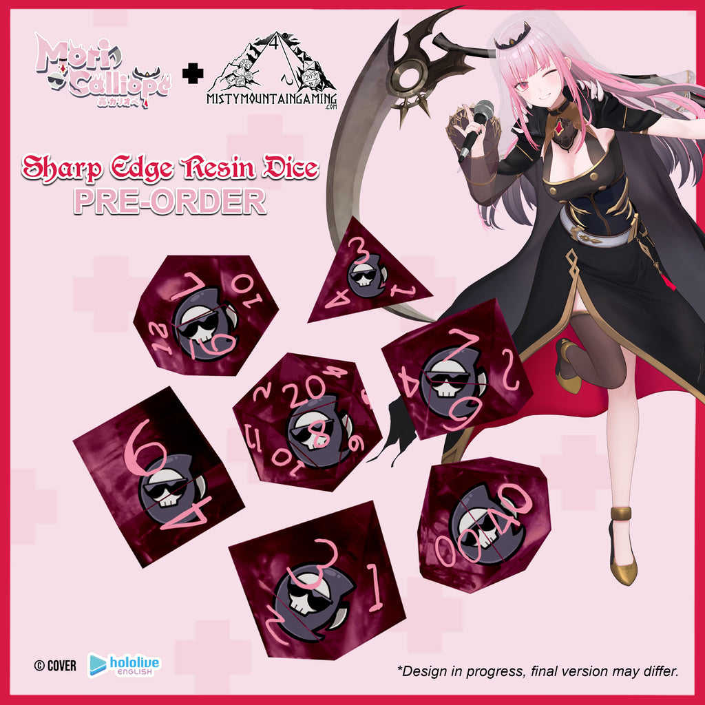 Promotional image for Sharp Edge Resin Dice with mori calliope of hololive english