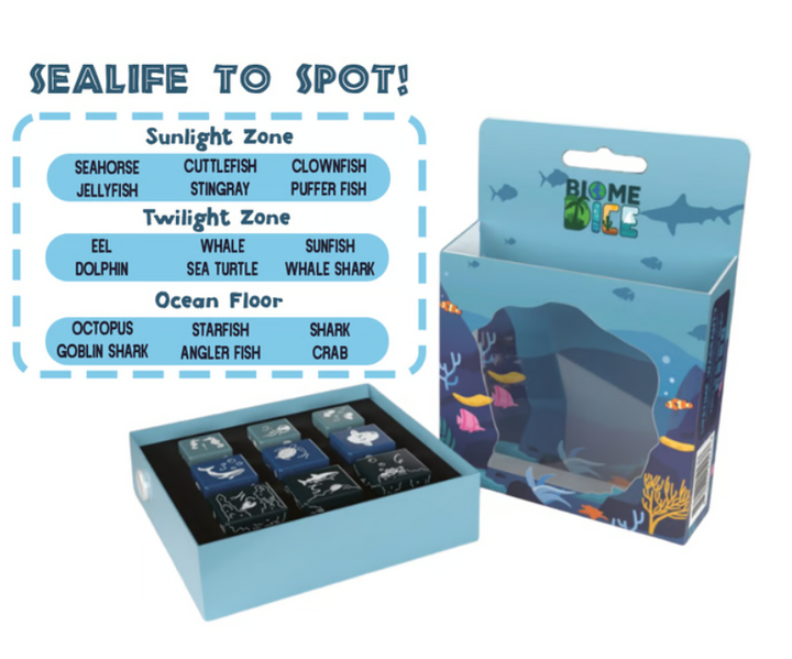 Box of sealife toys with a list of sea creatures and a BIOME OCEAN branding.