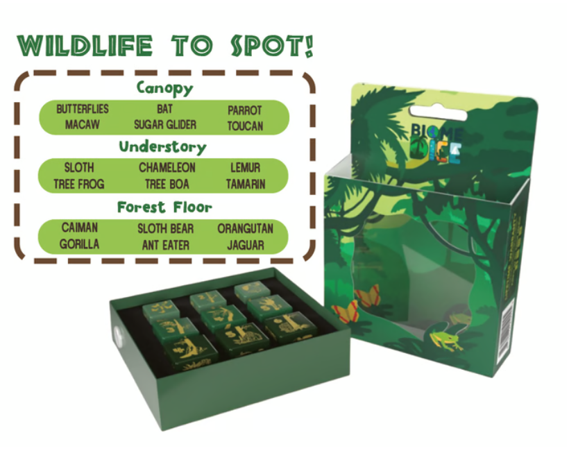 Green packaging with wildlife-themed items and a label for different animal groups.