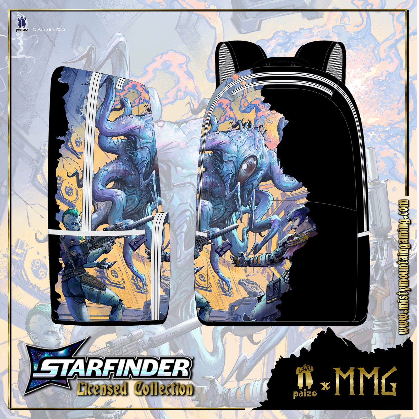 Backpack with alien design on front and back, featuring Starfinder branding.