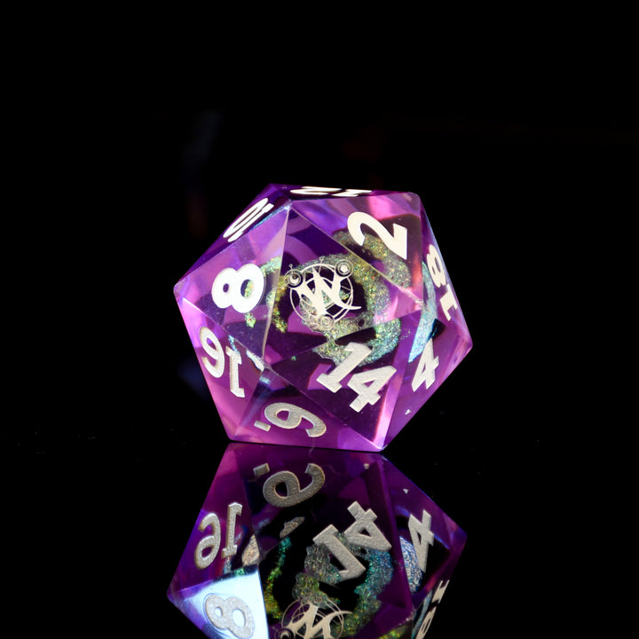 Purple polyhedral dice with white numbers on a reflective black surface