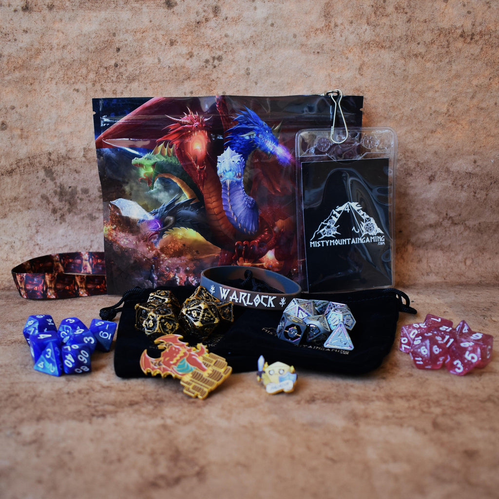 A mystery dice bag with examples of the items within