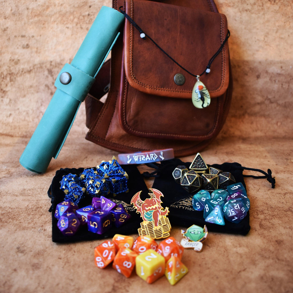 A brown leather sling mystery dice bag with examples of the items within