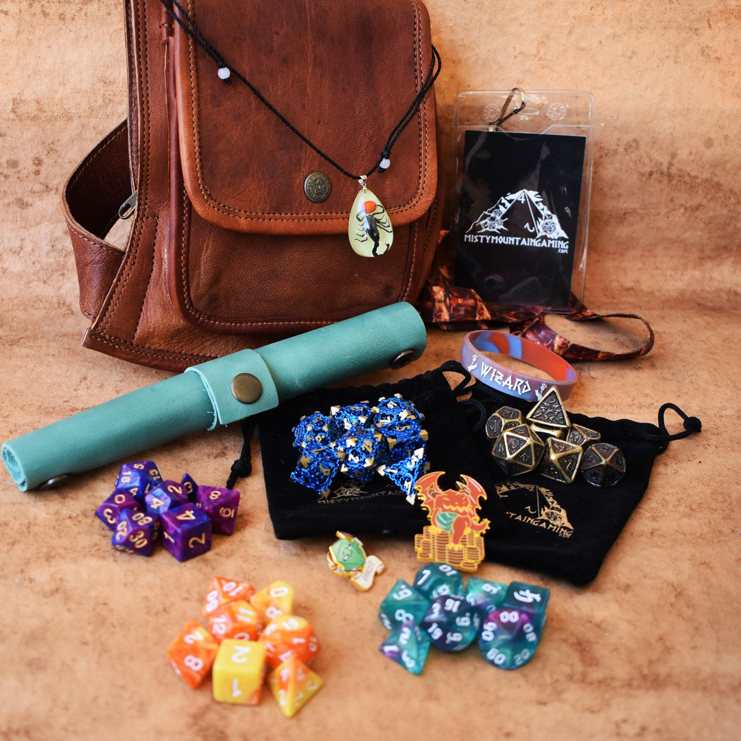 A brown leather sling mystery dice bag with examples of the items within