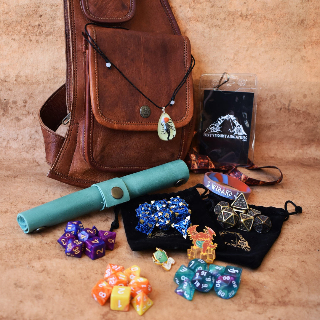 A brown leather sling mystery dice bag with examples of the items within