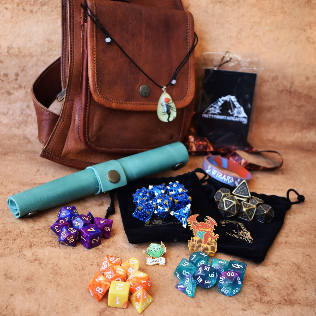 A brown leather sling mystery dice bag with examples of the items within