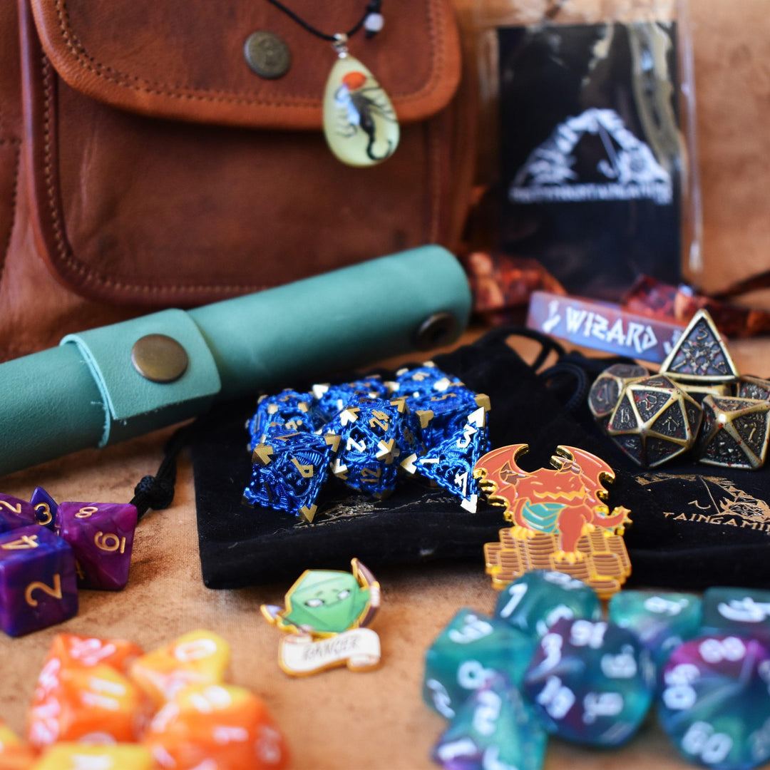 A brown leather sling mystery dice bag with examples of the items within