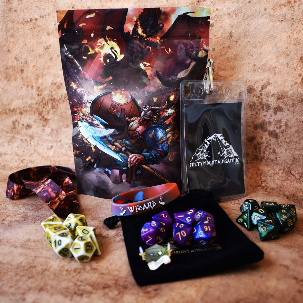 A mystery dice bag with 3 sets of acrylic dice and examples of items within