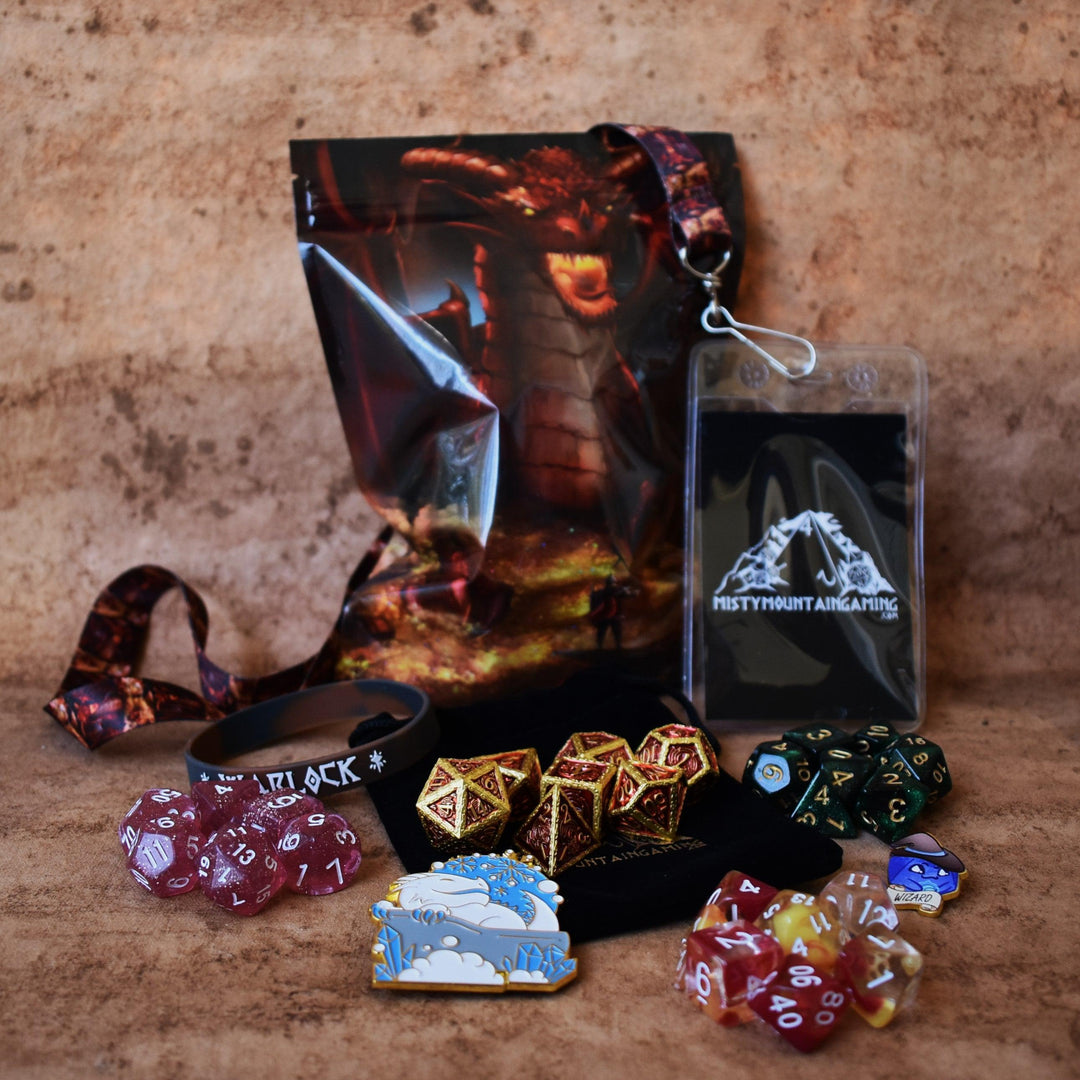 A mystery dice bag with sets of dice and examples of items within
