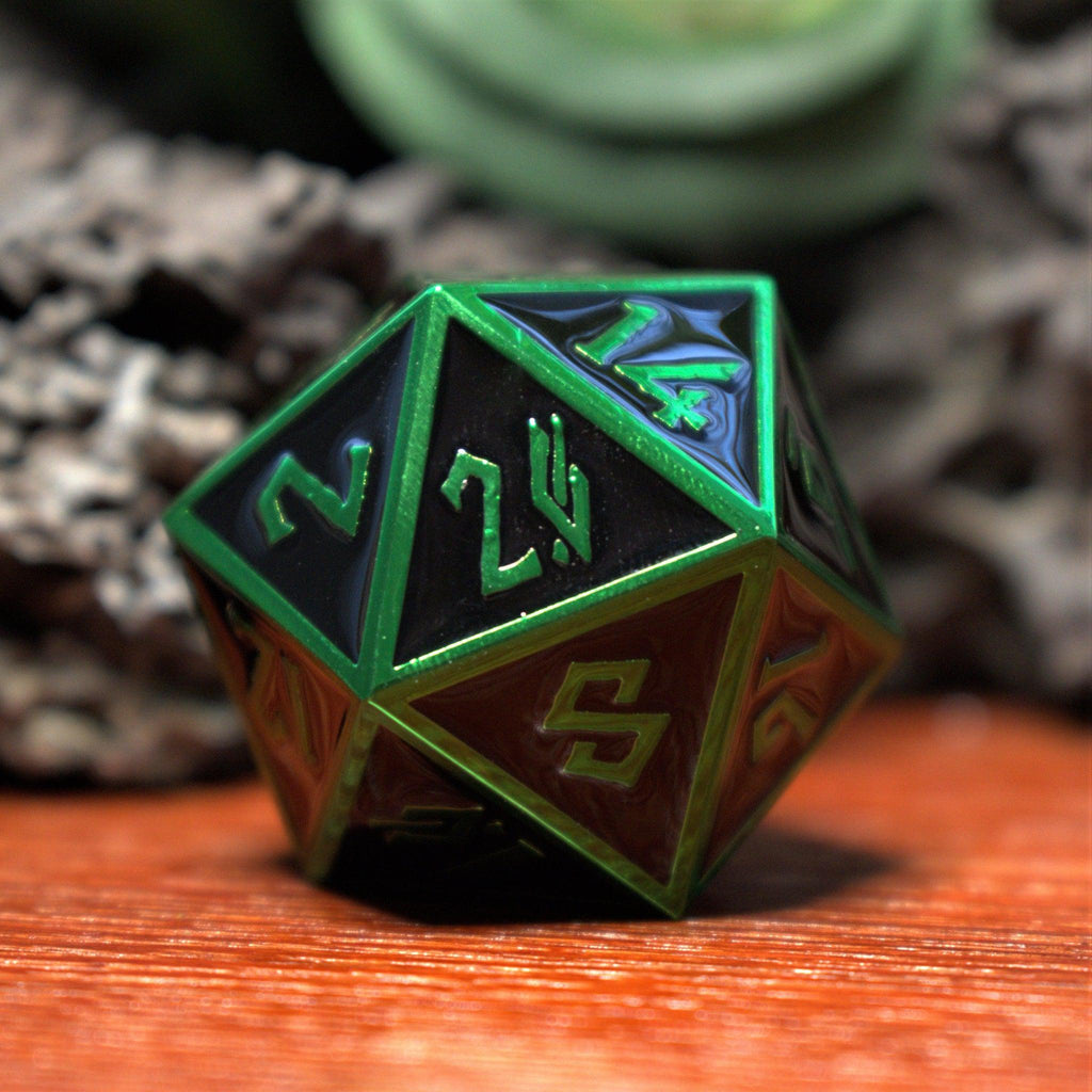 Large black and green D20 with green Nordic font