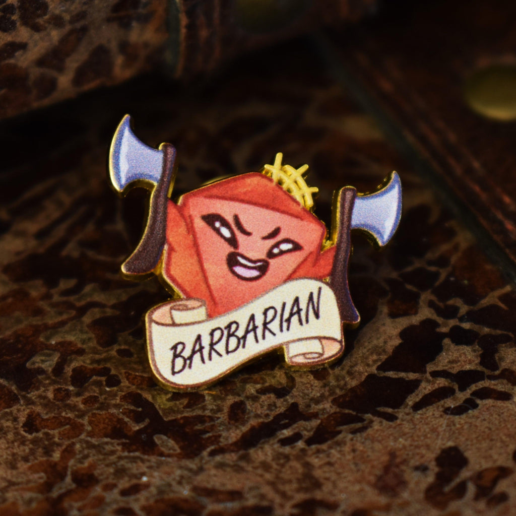 An enamel pin with an illustration of a barbarian character from the game Dungeons and Dragons, featuring a cartoon-style human with wild hair and a banner with the word 'BARBARIAN'.